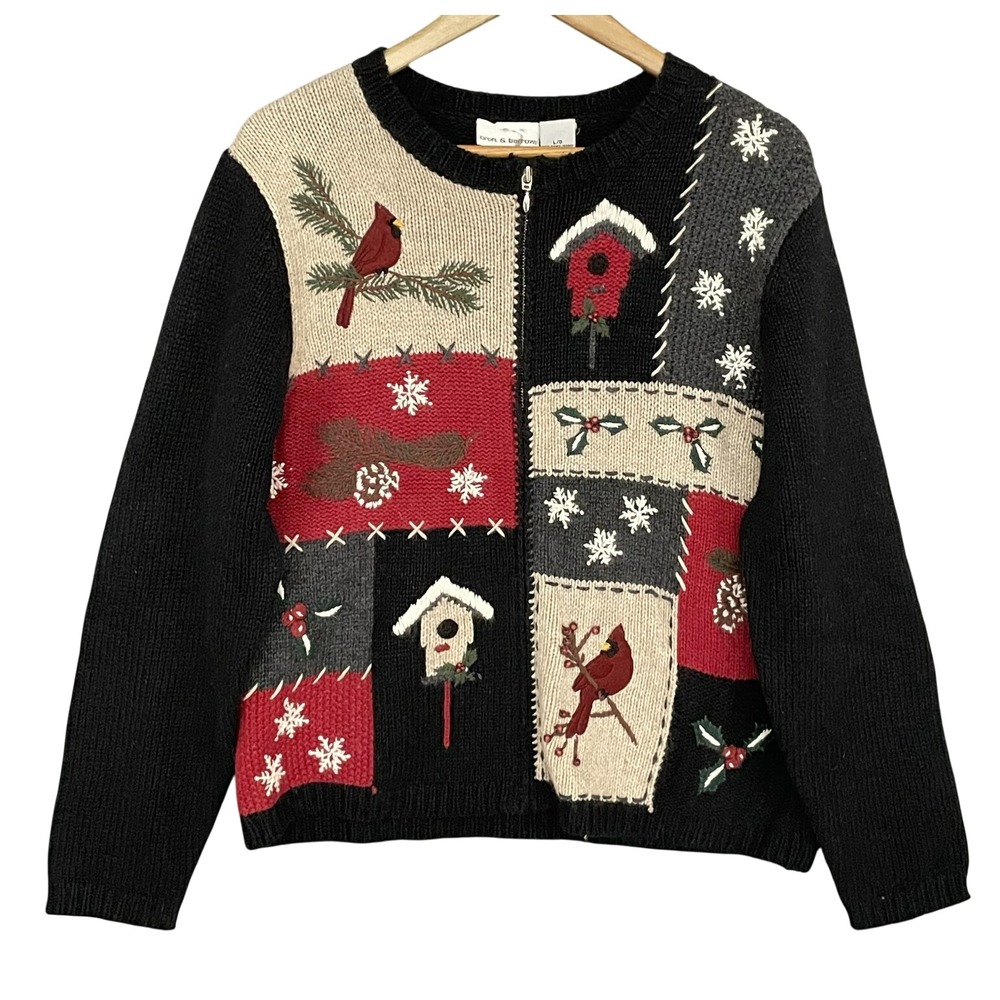 VTG Christmas Bird House Embroidered Cardigan Sweater Womens XL Cottage Heritage